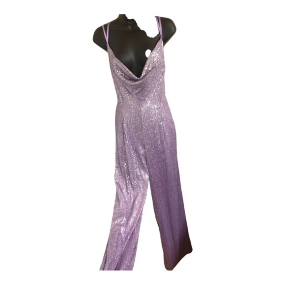 Anthropologie x Ranna Gill lavender sequin cowlneck open back jumpsuit sz XS new